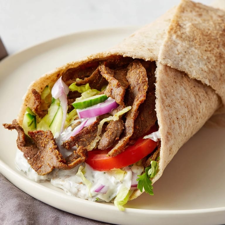 Delicious beef shawarma wraps drizzled with creamy yogurt sauce and vibrant vegetables.  