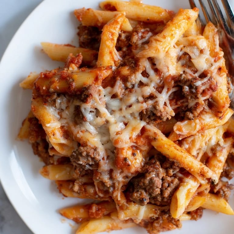 Comforting Cheesy Beef & Penne Bake, bubbling with rich sauce and golden cheese.  