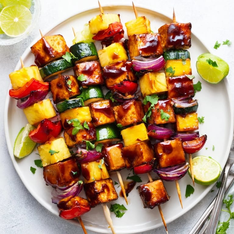 Colorful BBQ tofu and pineapple skewers, perfect for summer gatherings and outdoor grilling.  