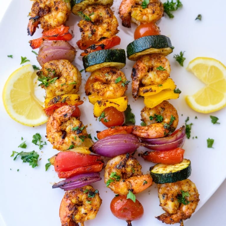 Grilled Zesty Cajun Shrimp & Veggie Skewers bursting with vibrant colors and flavors.  