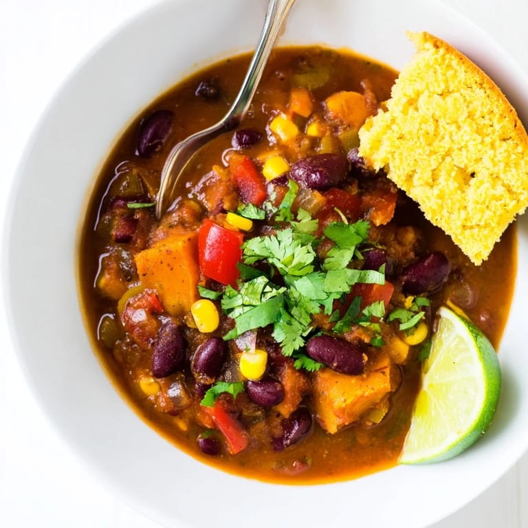 Delicious pumpkin chipotle chili steaming beside freshly baked cornbread slices, inviting flavors.
