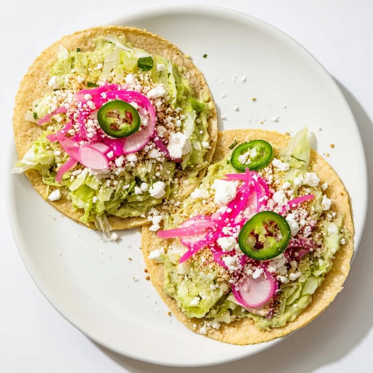 Golden-brown crispy avocado crema and tangy pickled red onions piled high on these fresh tacos.