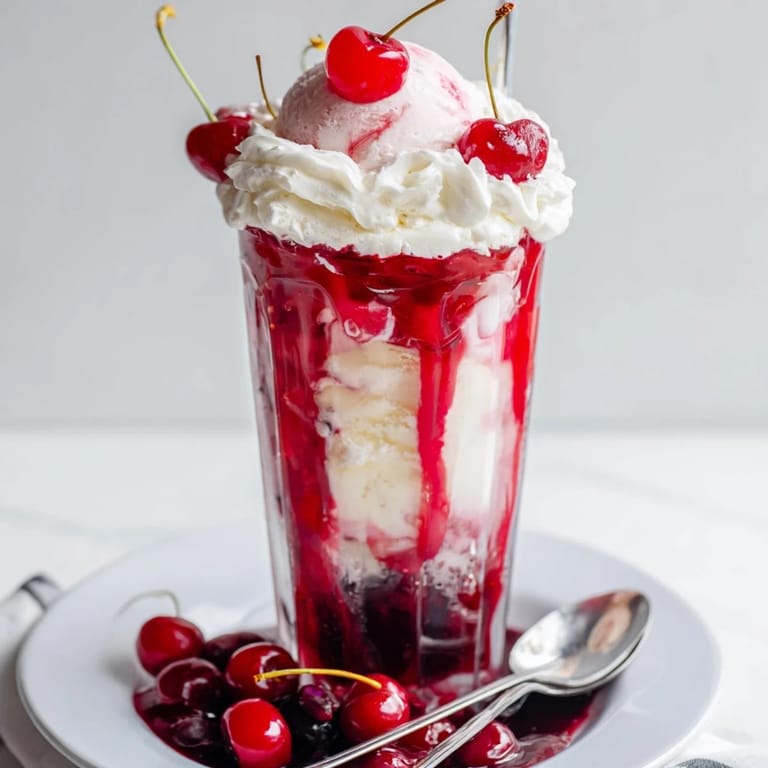 A tall Homemade Fruit Soda Float ready to be enjoyed, overflowing with fizzy soda and beautiful cherries.