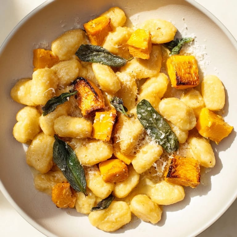 Savory Rustic Butternut Squash & Sage Brown Butter Gnocchi with vibrant, caramelized butternut squash pieces.