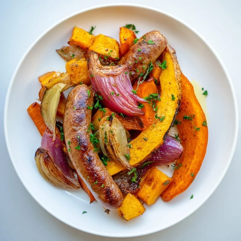 Vibrant autumn colors of sheet pan roasted sausage with tender squash, and roasted root vegetables.