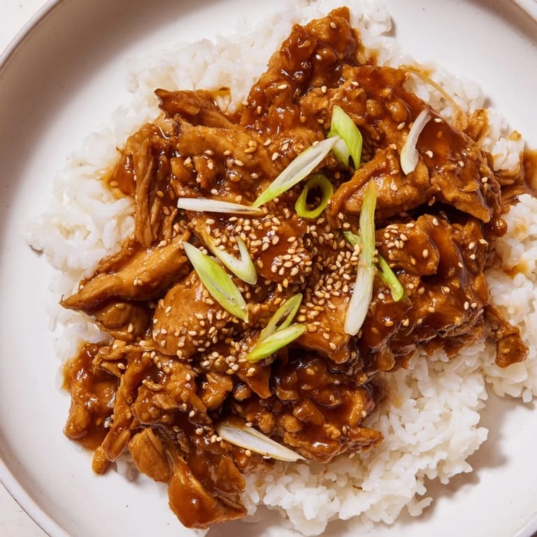A close-up of savory Easy Slow Cooker Teriyaki Chicken, the rich sauce coating the chicken and rice beautifully.