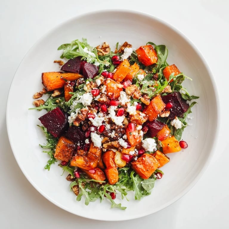 Plated Seasonal Root Vegetable & Goat Cheese Salad, a delicious combination with toasted walnuts and zingy vinaigrette.