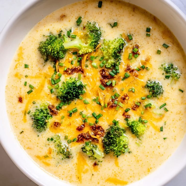 A rich bowl of broccoli cheddar soup with a fiery chili crunch providing a delightful crunch.