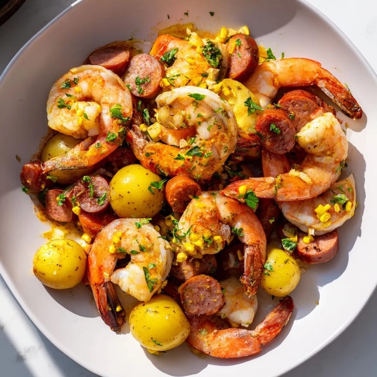 A delicious NYE Sheet Pan Shrimp Boil showcases perfectly cooked shrimp alongside tender potatoes and corn.