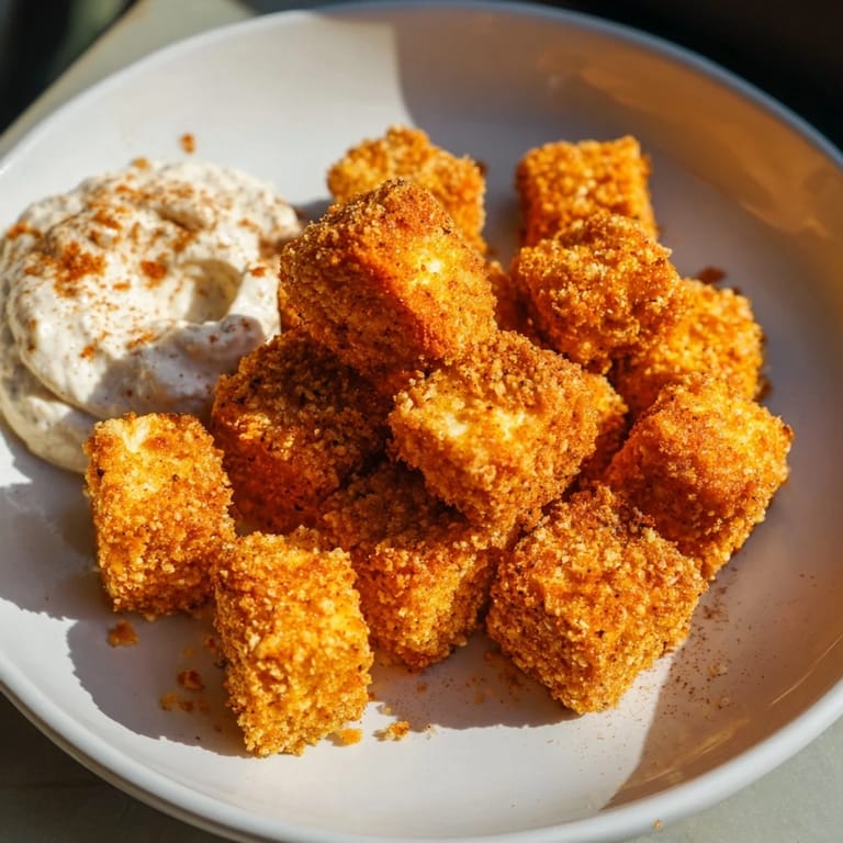 Mouthwatering, golden-brown crispy tofu nuggets ready to dip in a festive holiday spice sauce.