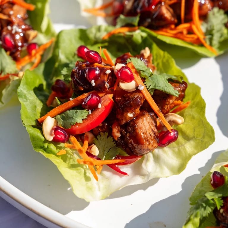 Golden, glistening Korean BBQ chicken tucked into lettuce, with colorful toppings for these wraps.