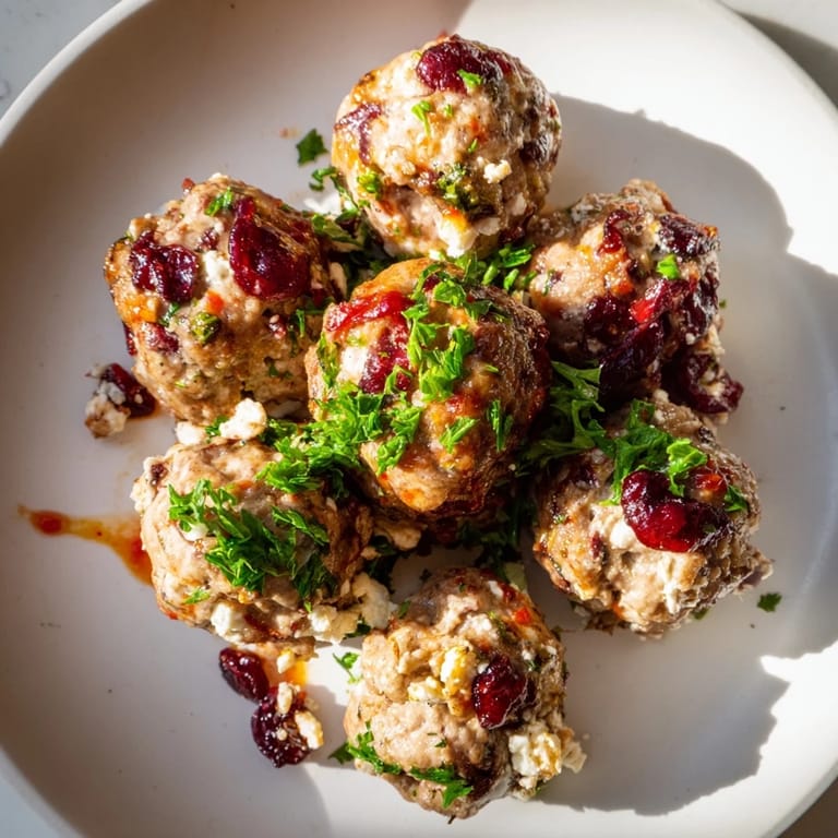Golden-brown cranberry feta meatballs, offering a taste of tangy feta with sweet chili sauce for dipping.
