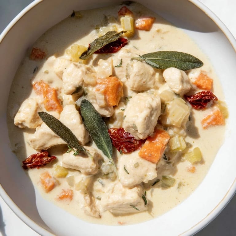 Hearty Marry Me Chicken Soup, the creamy base visible, topped with crispy sage and ready to eat.