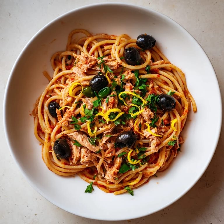 Enjoy this comforting bowl of Pasta with Tuna, Olives & Capers, beautifully garnished with fresh parsley and lemon zest.