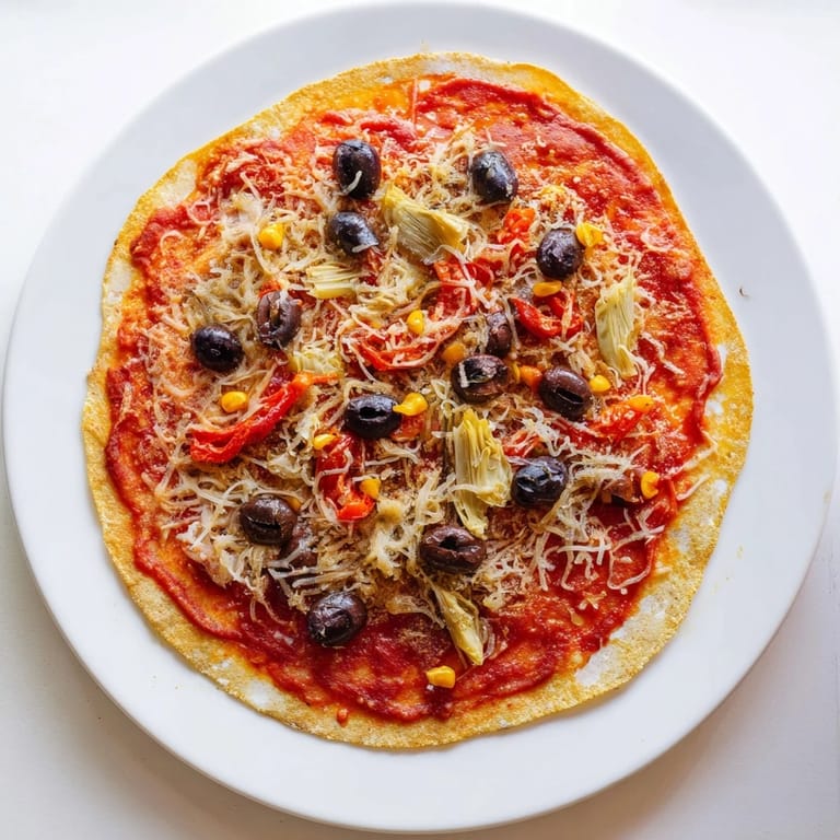 Crispy tortilla pizza, showcasing a close-up of the flavorful pantry toppings and bubbling mozzarella.