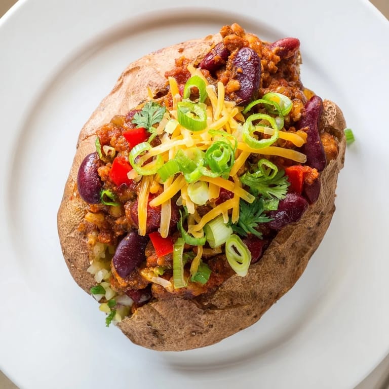 Close-up of a loaded and appetizing Chili-Style Baked Potatoes: creamy baked potato, spicy chili, and fresh green onions.