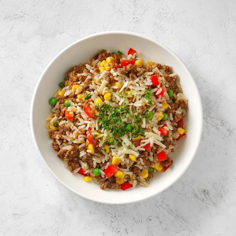 Steaming Ground Beef Skillet with Veggies & Rice, ready to serve with fresh herbs, smells delicious and savory.