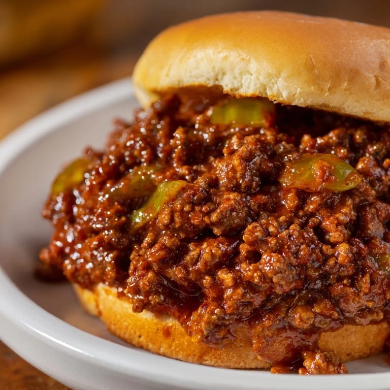 A hearty helping of Sloppy Joes, spilling saucy ground beef over a toasted, soft hamburger bun.
