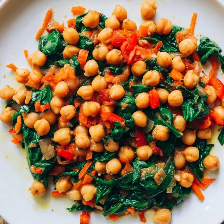 Savory Vegetarian Chickpea & Spinach Skillet bubbling in a pan, with visible chickpeas and tomatoes ready to serve.
