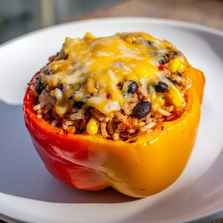 Steaming hot stuffed bell peppers fresh from the oven, with bubbly cheese topping this colorful meal.