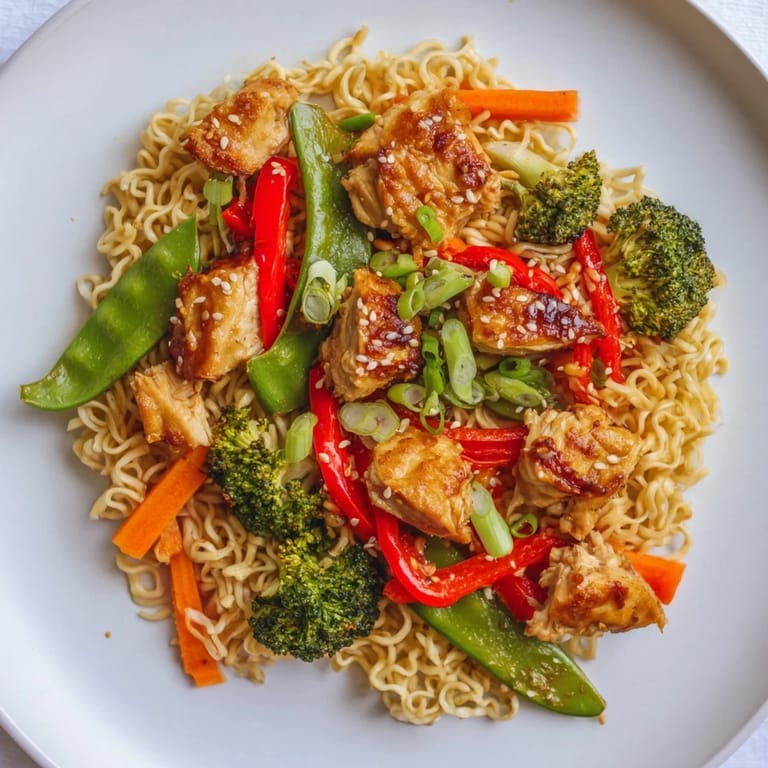 Aromatic, crispy ramen with chicken and colorful vegetables, ready to serve from the sheet pan.