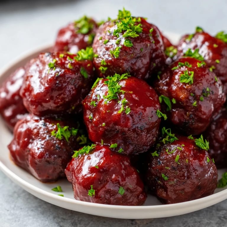 Arrangement of meatballs glistening with cherry BBQ glaze; simple, flavorful comfort food ready to serve.