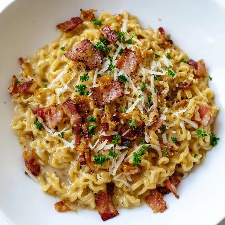 Enjoy the savory, comforting Instant Pot Carbonara Ramen Hack, topped with crispy bacon and Parmesan cheese.