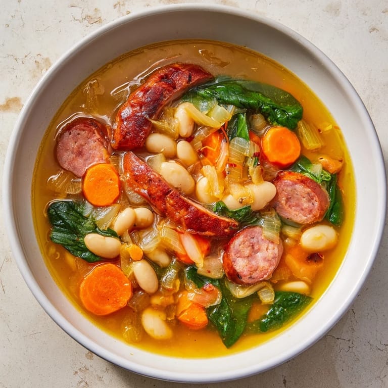 This warm and inviting Simple Sausage and White Bean Soup shows off tender vegetables and savory sausage.