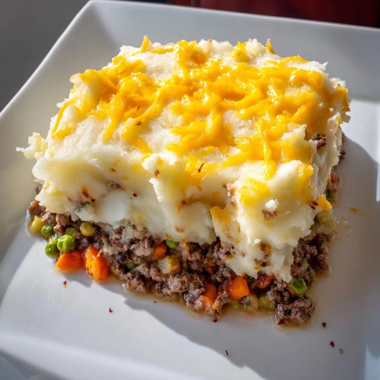 A warm, comforting slice of Budget Shepherds Pie, featuring savory ground beef under cheesy potatoes.