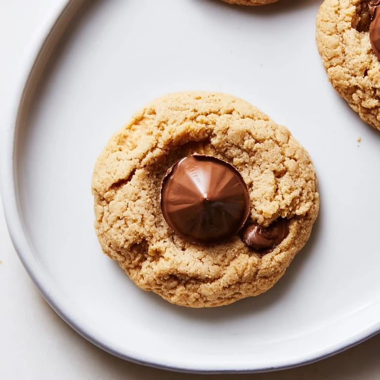 Freshly baked 3-Ingredient Peanut Butter Blossoms, showing off their crackled tops and classic chocolate finish.
