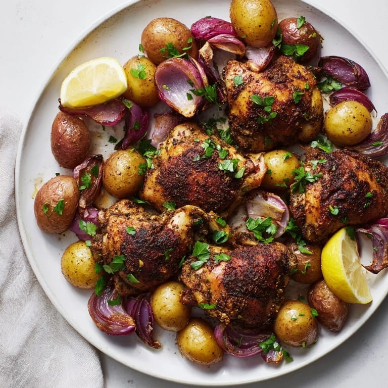 Imagine tender Sheet Pan Zaatar Chicken sitting alongside perfectly roasted potatoes, a delightful meal.