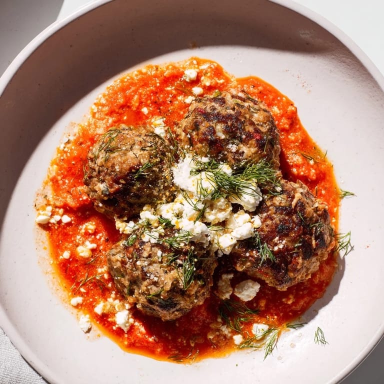 A close-up of delicious Instant Pot Greek Meatballs: savory, juicy, covered in a bright lemon-feta swirl.