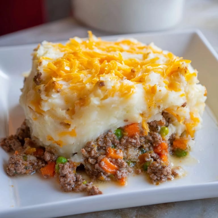 A close-up shot of steaming hot Budget Shepherds Pie, the savory filling peaking through the cheese.