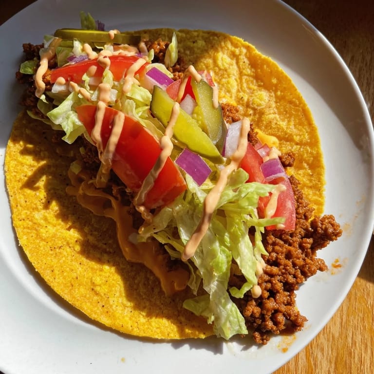A colorful plate of Viral Cheeseburger Tacos topped with fresh, vibrant ingredients, ready to eat!