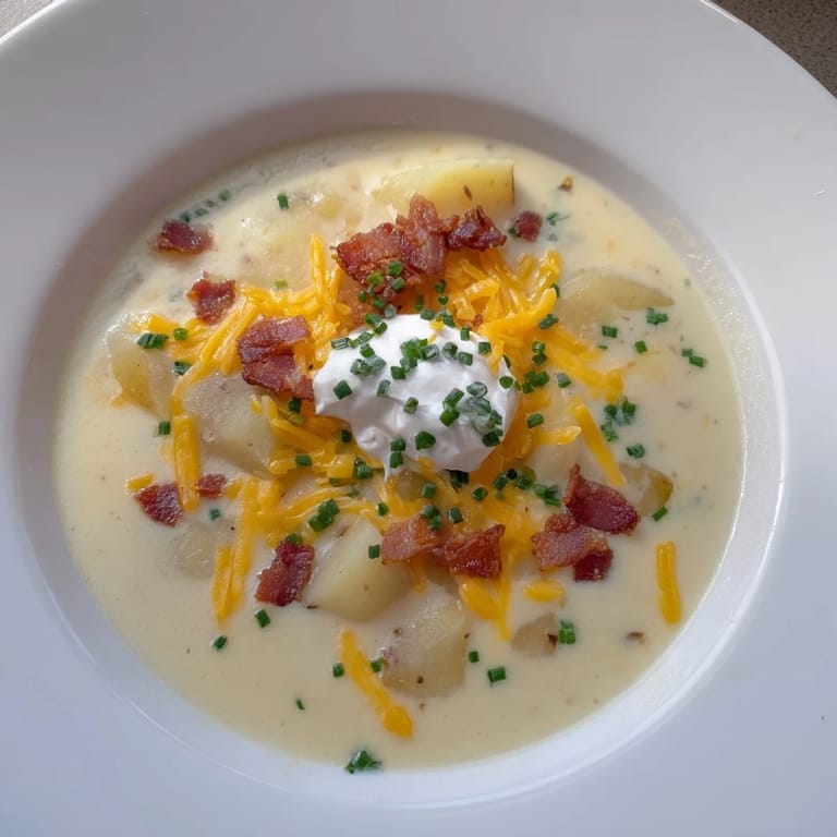 Warm and comforting: A close-up of The Ultimate Baked Potato Soup, perfect for a chilly evening.