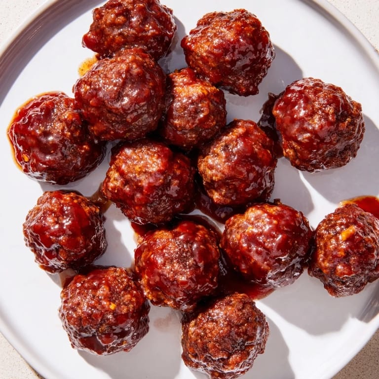 Warm, sticky cherry-glazed meatballs served in a bowl, a flavorful appetizer for your next party.