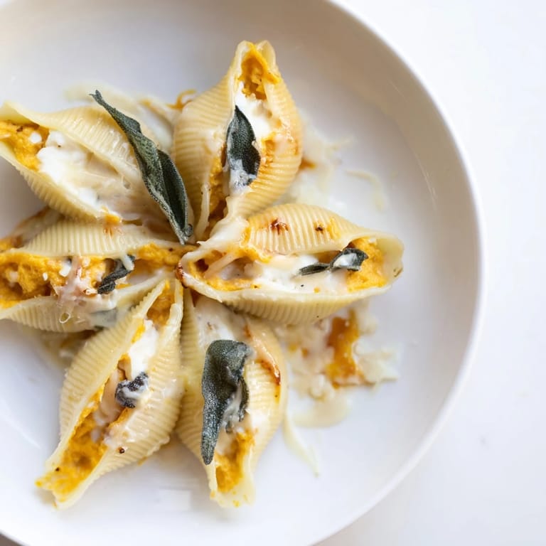Creamy pumpkin and Gouda filling overflowing from pasta shells, topped with sage-infused Alfredo sauce.