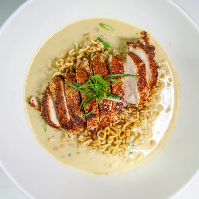 Enjoy a close-up of this Fiery Chicken Ramen, capturing the vibrant colors and rich aromas of the flavorful, spicy dish.