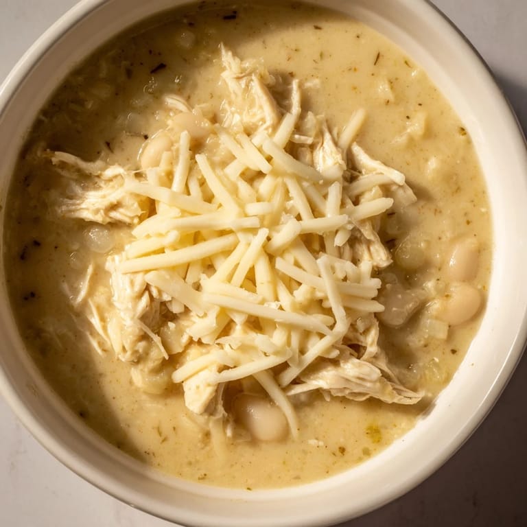 A close-up of a warm, savory bowl of 35-Minute White Cheddar Apple Chicken Chili ready to serve and enjoy.