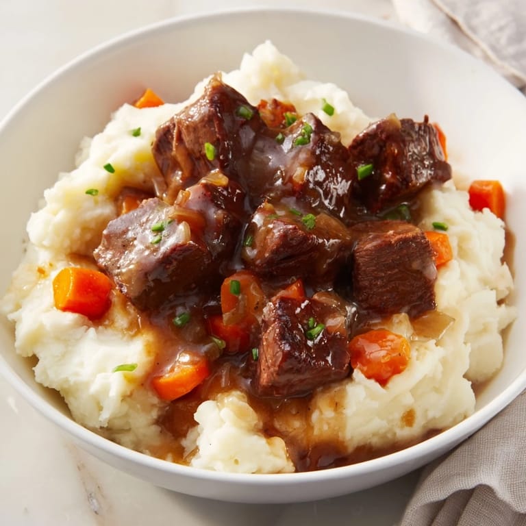 Warm bowl of Fall Apple Cider Stew Mash with a deep, savory color next to fluffy potatoes.