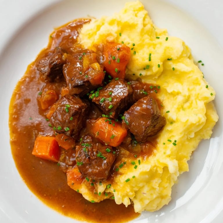 Hearty Fall Apple Cider Stew Mash featuring flavorful beef in a rich apple cider reduction with cheddar mash.