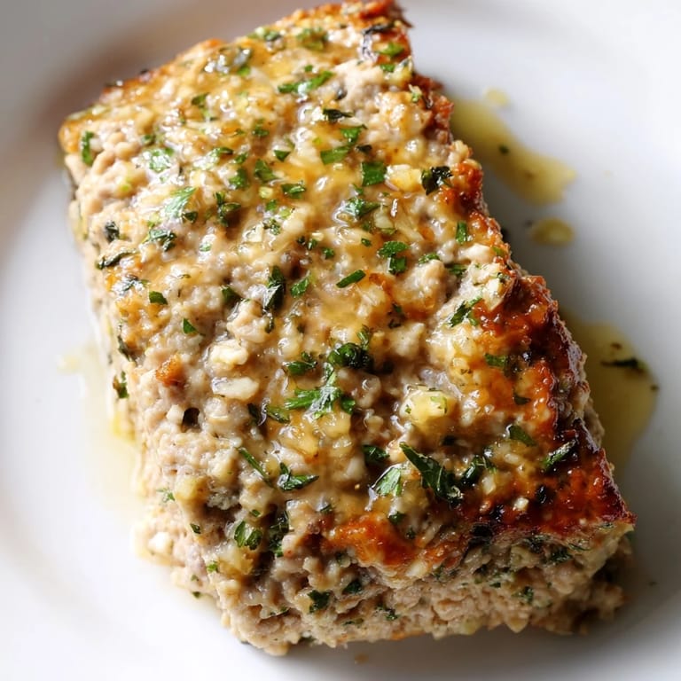 Hearty, homemade Juicy Garlic Parmesan Chicken Meatloaf, showcasing a delicious, savory Parmesan crust.