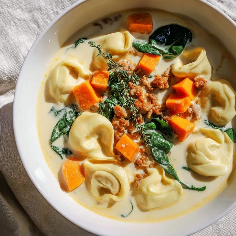 A close-up shot of the finished creamy sausage tortellini soup, ready to be served hot and delicious.