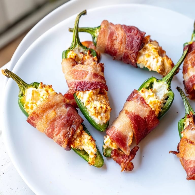 Freshly baked Express Holiday Jalapeño Poppers, showing the creamy cheese oozing with crispy bacon.