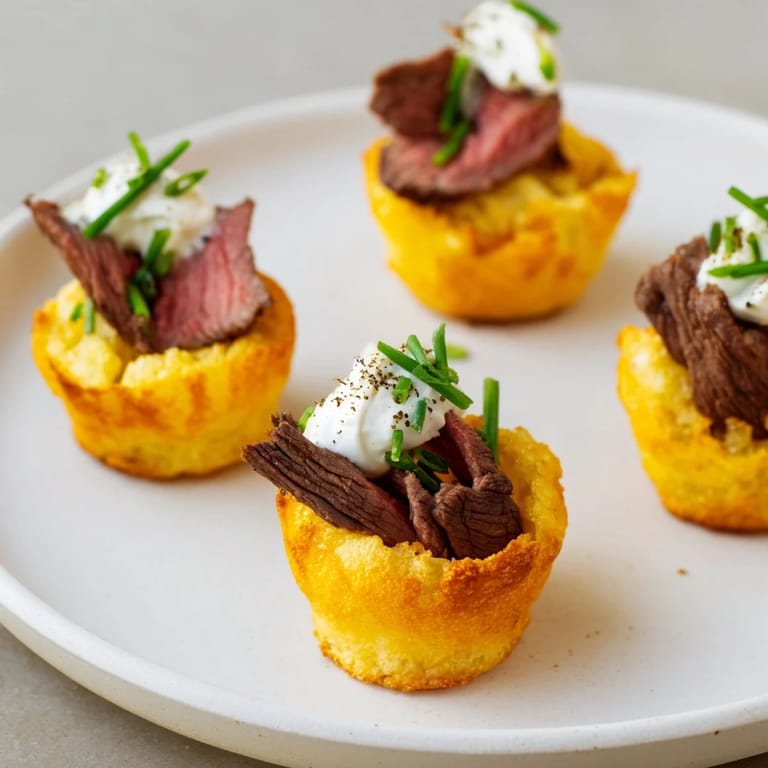 Crispy and savory Express Holiday Yorkshire Pudding Bites, topped with flavorful roast beef and fresh chives, a great bite!