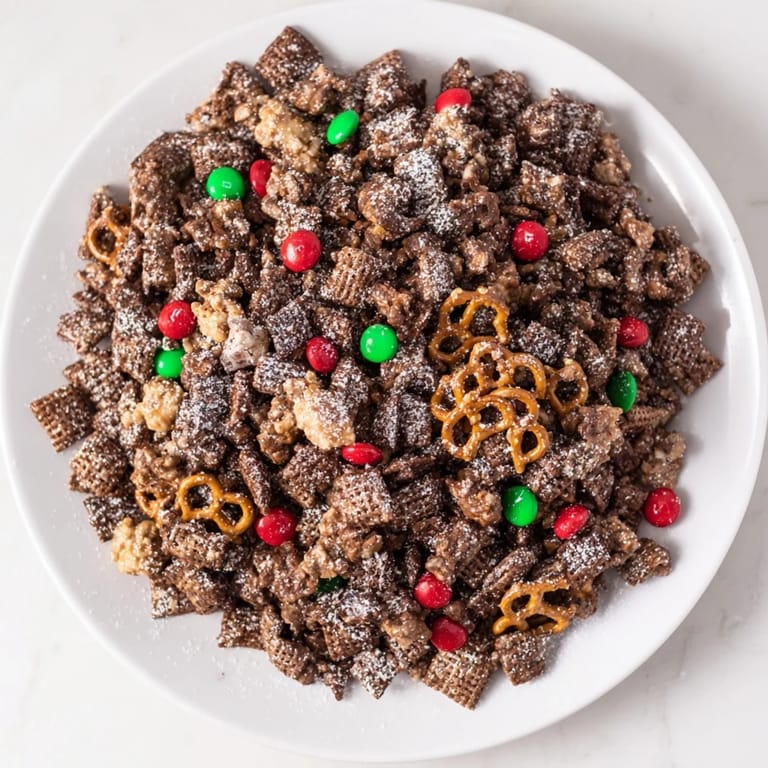 Homemade Simplified Reindeer Chow; a delicious mix of chocolate, peanut butter, and Chex cereal, ready to enjoy.