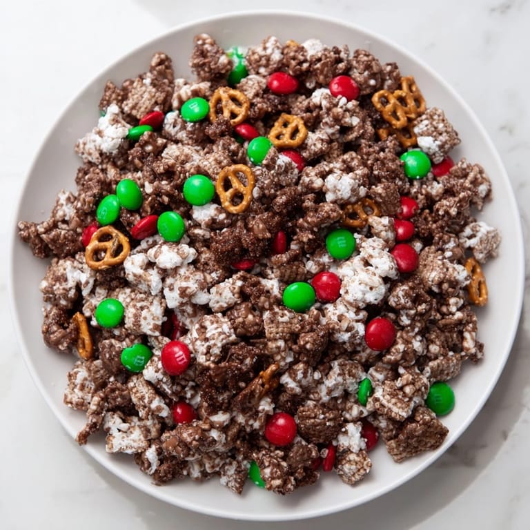 Close-up of a festive bowl overflowing with sweet and crunchy Simplified Reindeer Chow snack mix.