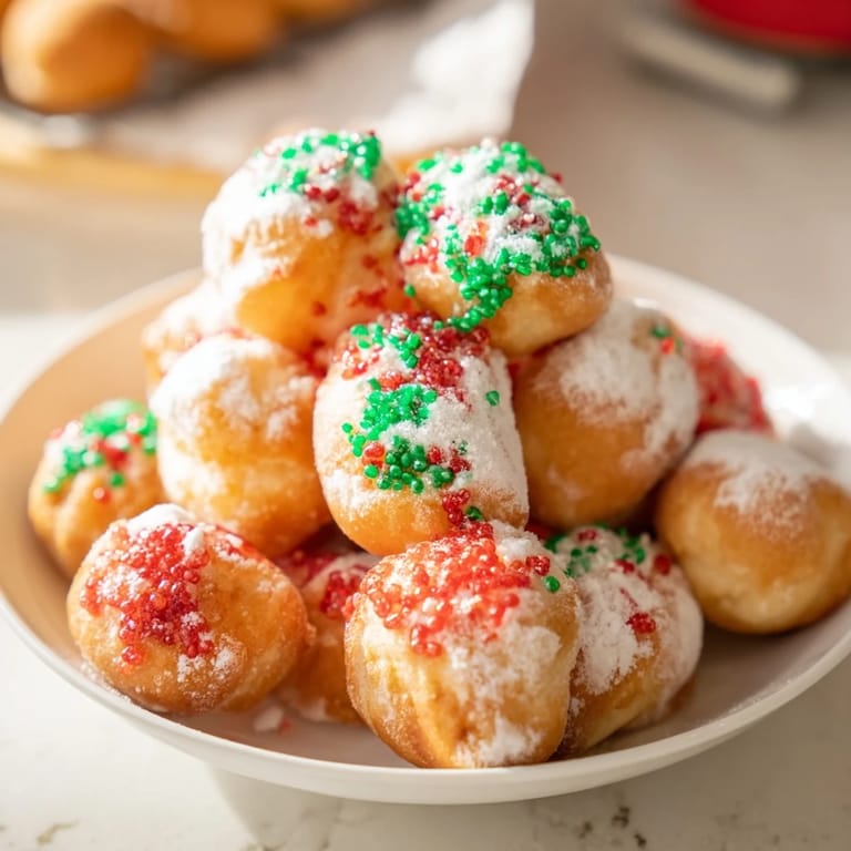 Close-up of freshly made Air Fryer Christmas Donut Holes, with colorful sprinkles and a hint of cinnamon aroma.