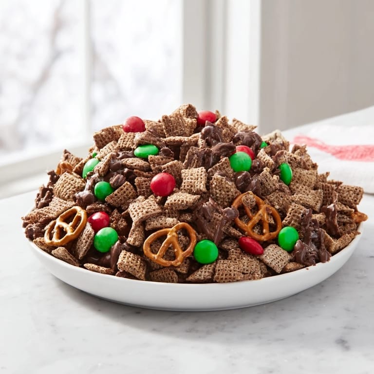 Bright red and green candies top this sweet and easy Simplified Reindeer Chow snack mix.
