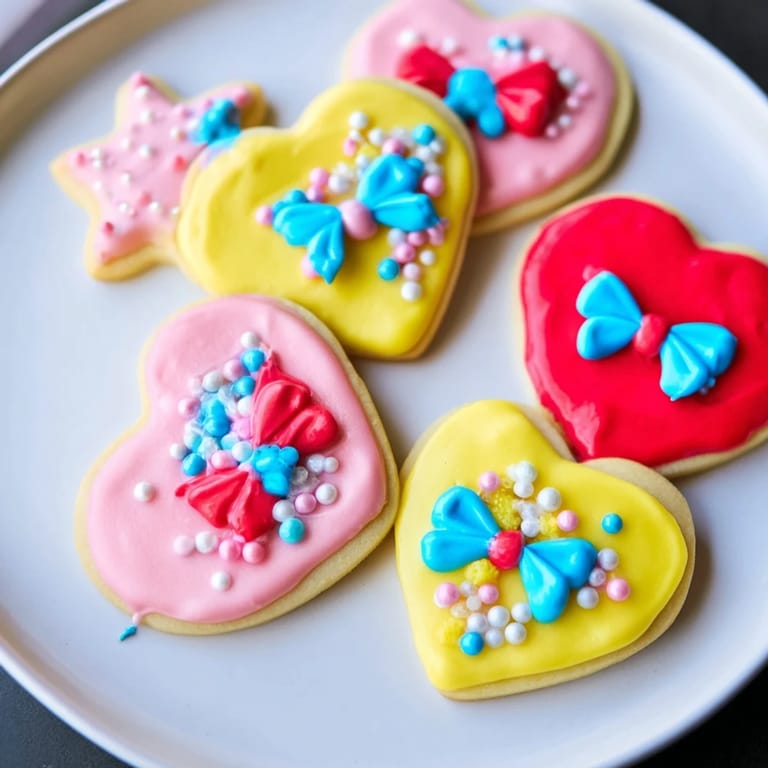 Delicious Pretty Bows Heart & Star Cookies, adorned with pink, red, and yellow bow icing, perfect for a cheerful dessert.